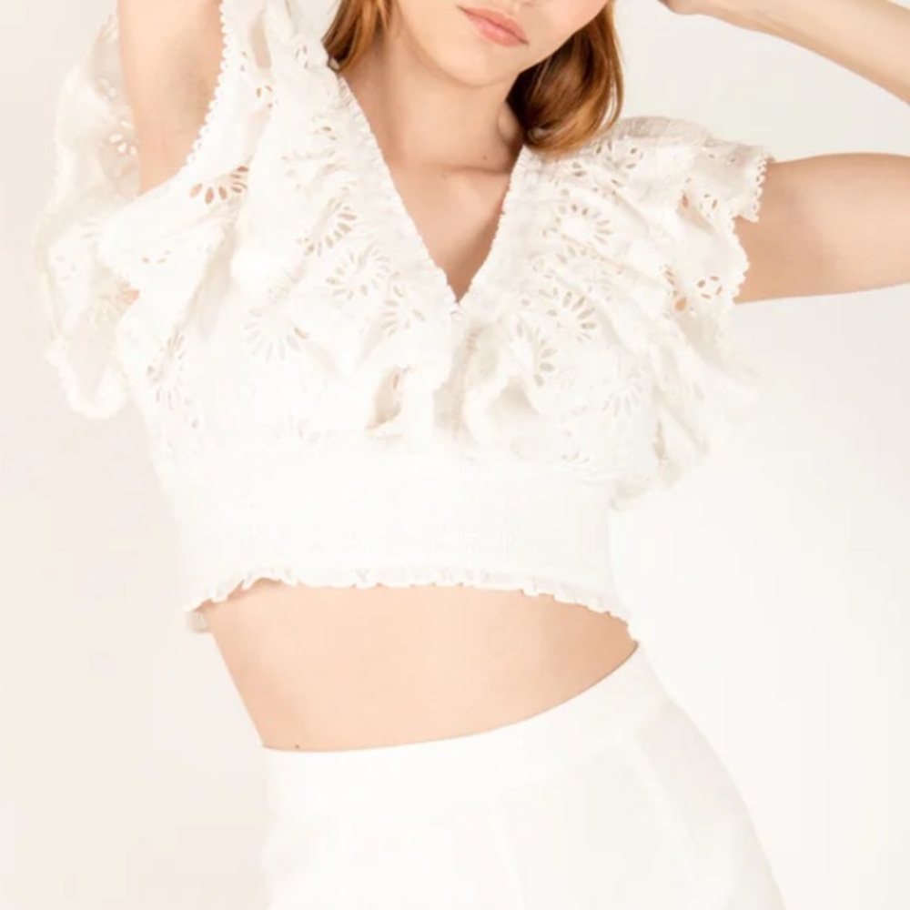 NWT🤍Secret Mission TANYA TOP  Eyelet Ruffle Crop - White -Organic Cotton. Size S